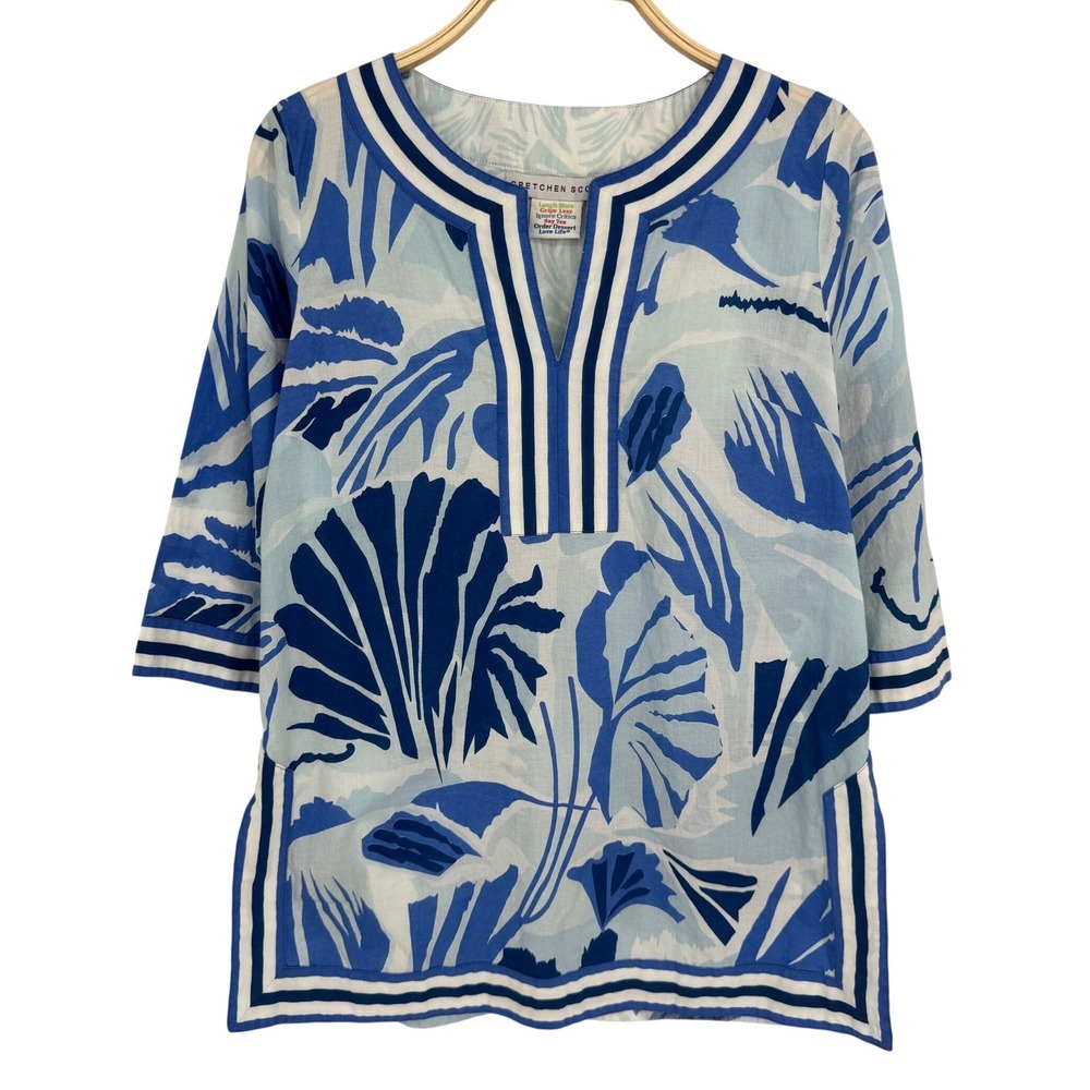 Gretchen Scott Tunic Top Medium Blue Palm Print Coastal Preppy Beach Resort